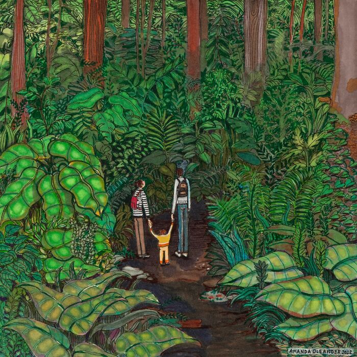 Illustration by Amanda Oleander showing a family walking through a lush green forest capturing everyday moments.