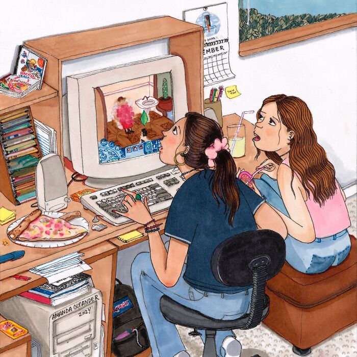 Two women playing video games at a cluttered desk, an illustration capturing the beauty of everyday moments.