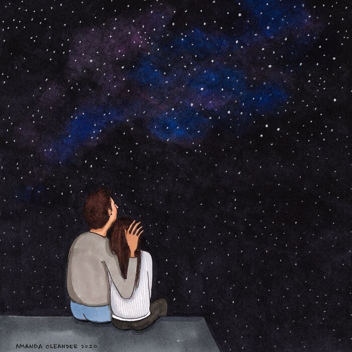 Couple sitting closely under a starry night sky, an illustration capturing the beauty of everyday moments by Amanda Oleander.