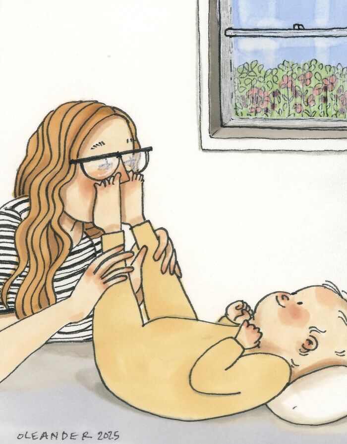 Illustration by Amanda Oleander showing a tender moment between a mother and baby capturing everyday beauty.