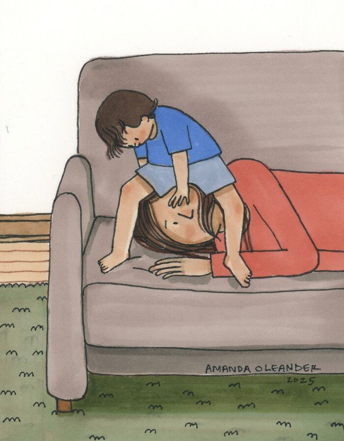Illustration by Amanda Oleander showing a child playing on a woman resting on a couch, capturing everyday moments.