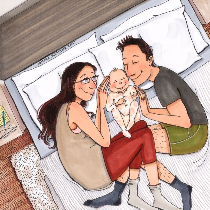 Illustration by Amanda Oleander of a happy family capturing the beauty of everyday moments with a smiling baby in bed.