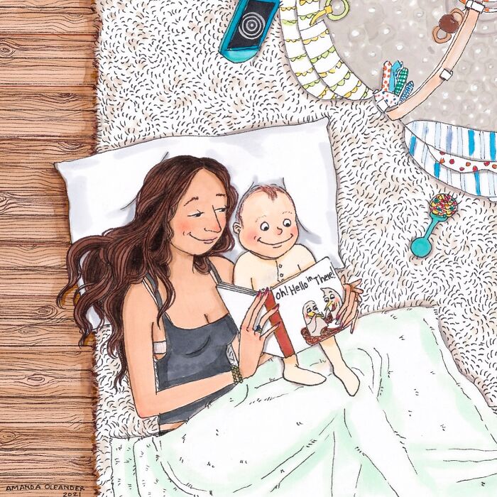 Illustration by Amanda Oleander showing a mother reading a book with her baby, capturing beauty of everyday moments.