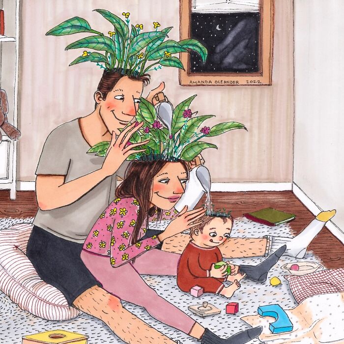 Illustration by Amanda Oleander showing a family watering plants growing from their heads, capturing everyday moments.