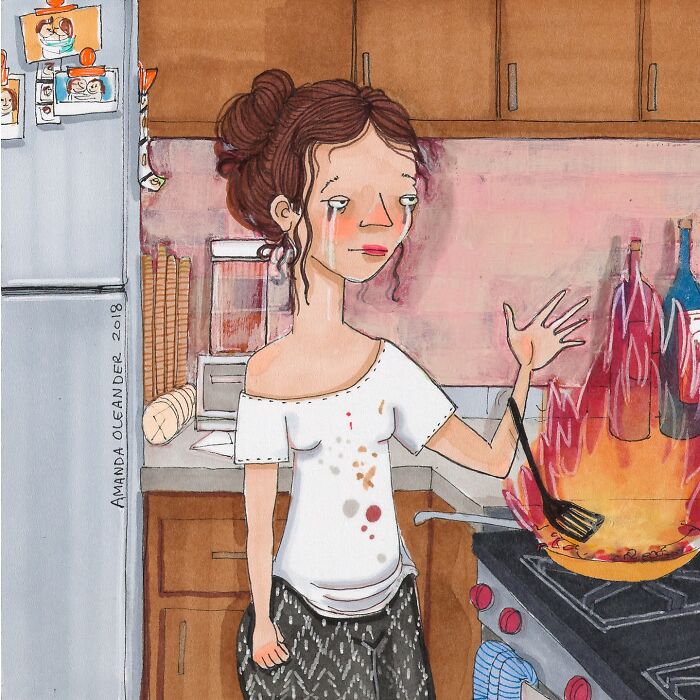 Illustration by Amanda Oleander showing a woman crying in a kitchen with a pan on fire, capturing the beauty of everyday moments.