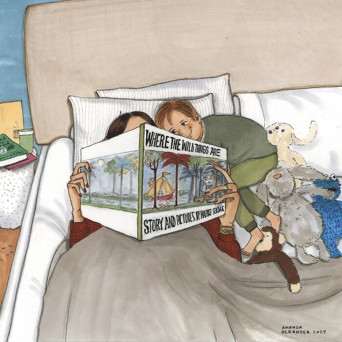 Illustration by Amanda Oleander of a mother and child reading together in bed, capturing the beauty of everyday moments.