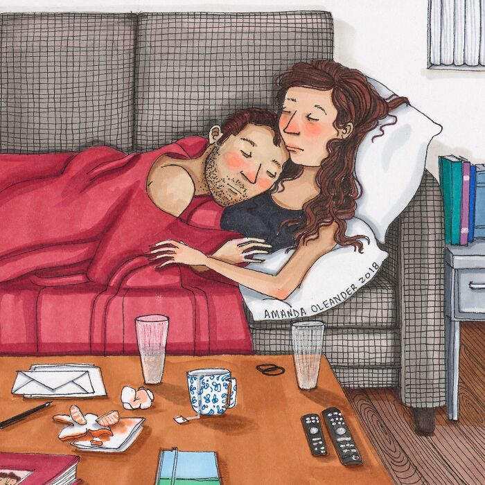 Illustration by Amanda Oleander showing a couple embracing on a couch, capturing the beauty of everyday moments.