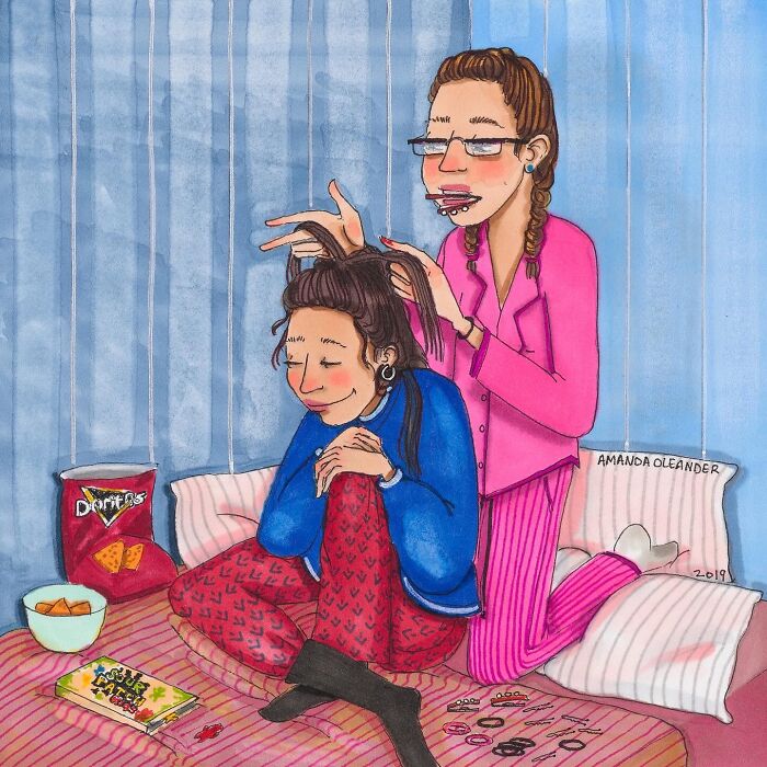 Illustration by Amanda Oleander showing two women sharing a cozy moment with hair braiding and snacks on the bed.