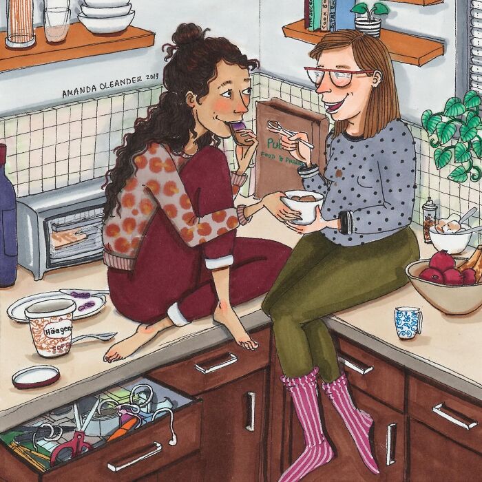 Illustration by Amanda Oleander showing two women enjoying everyday moments together in a cozy kitchen setting.