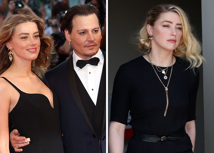 Amber Heard and Johnny Depp at a formal event on the left, and Amber Heard alone looking serious on the right, stars discussed in scandal.