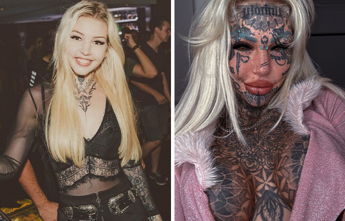 Side-by-side images of a woman before and after extreme plastic surgery showcasing dramatic transformation and body modifications.