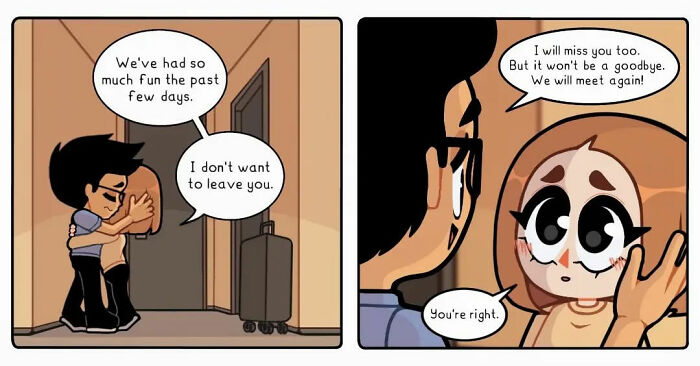 Comic series panel depicting emotional moments of a long-distance relationship between two characters hugging and talking.