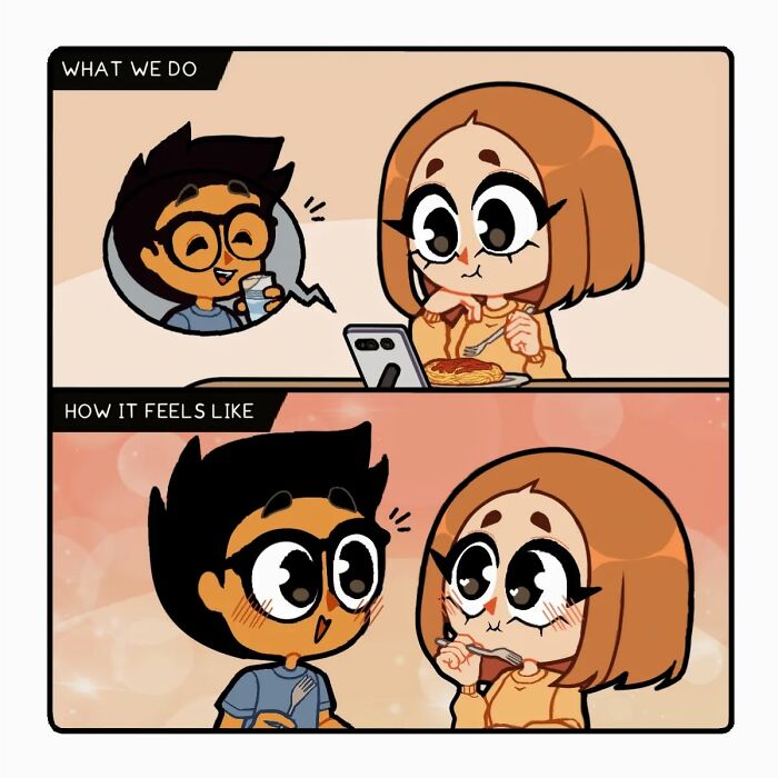 Comic panels showing a long-distance relationship illustrated with emotion between a woman eating and a man on a video call.