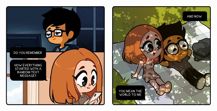 Comic series panels showing a long-distance relationship, capturing emotional moments between two animated characters.