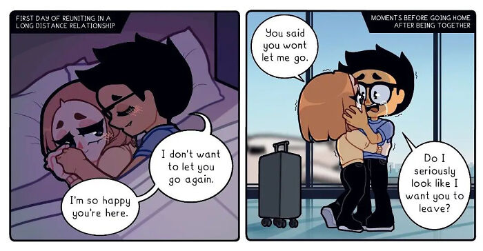 Comic series depicting emotional moments in a long-distance relationship during reunion and parting scenes.