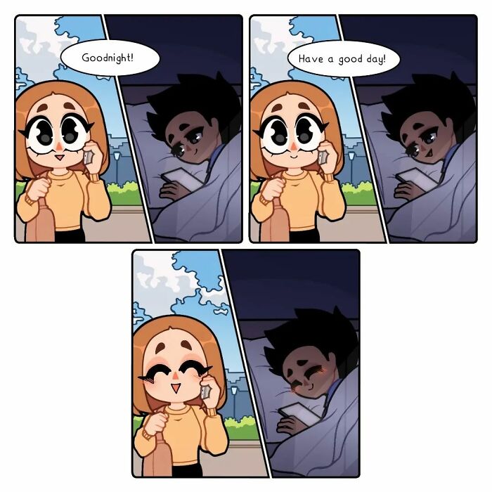 Comic panels showing a girl and boy in a long-distance relationship talking on the phone with emotional expressions.