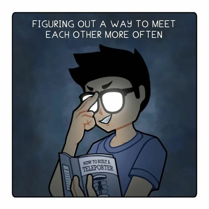 Comic panel showing a person with glasses reading a book titled How to Build a Teleporter in a long-distance relationship comic series.