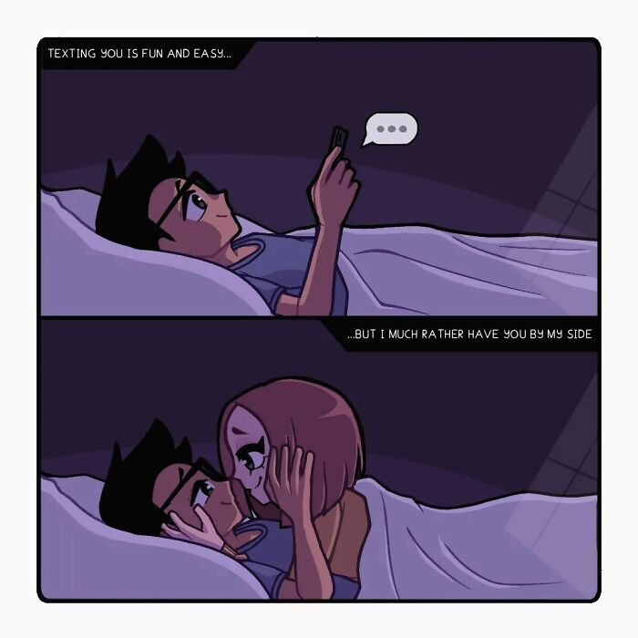 Couple in a comic series showing emotion in a long-distance relationship, texting and then embracing in bed at night.