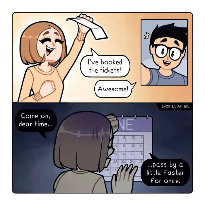 Comic series panel showing a long-distance relationship with emotional moments and anticipation of reunion plans.