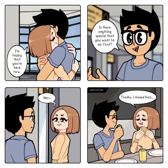 Comic series depicting a couple reuniting after a long-distance relationship, capturing emotional moments and connection.