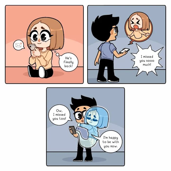 Comic series depicting a long-distance relationship with emotional moments between a couple using phones and virtual hugs.