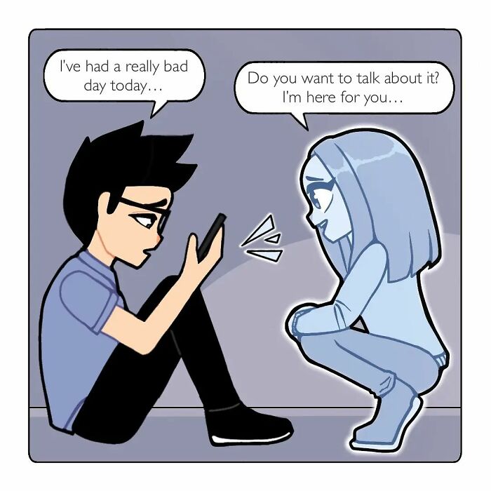 Comic series illustration showing a couple in a long-distance relationship sharing emotional support through a phone conversation.