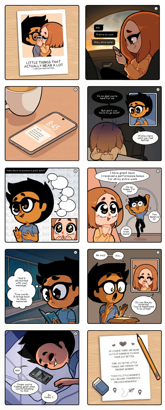 Comic series panels depicting emotional moments in a long-distance relationship between a couple communicating and supporting each other.