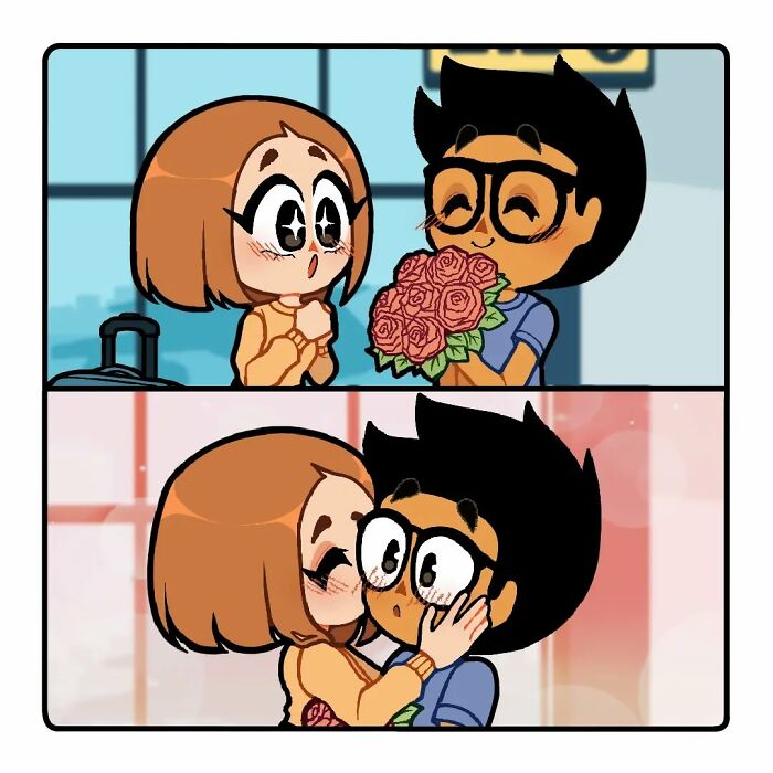 Cartoon comic series depicting a long-distance relationship with emotional moments of love and reunion.