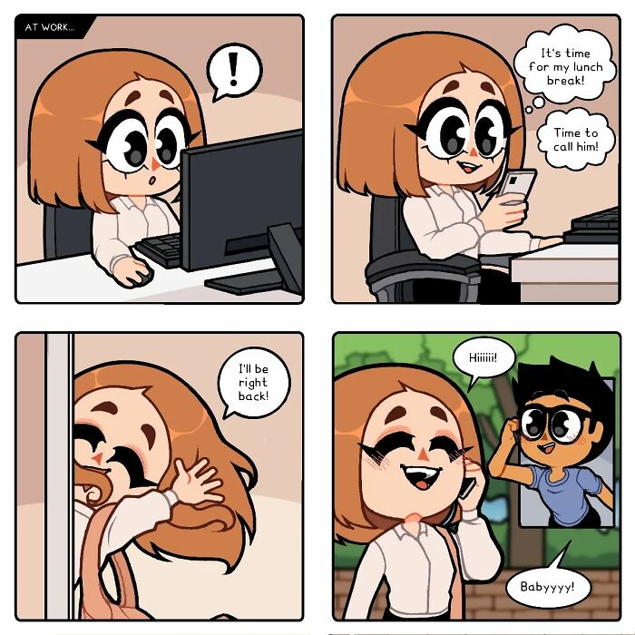 Comic series panels showing a woman working, taking a lunch break, and happily video calling her long-distance partner.