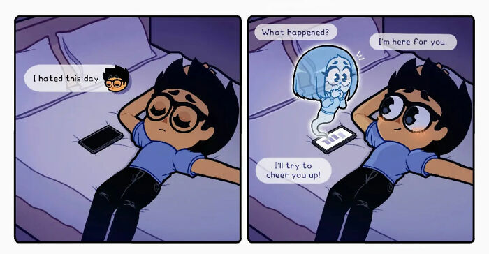 Comic panels showing a woman lying on a bed upset, with a comforting ghostly figure from her phone in a long-distance relationship comic.