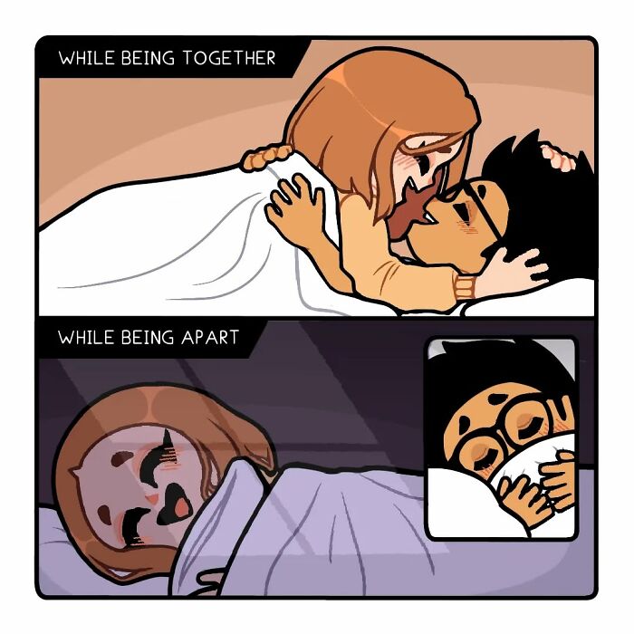 Comic series panels showing a couple together and apart, depicting emotions in a long-distance relationship.