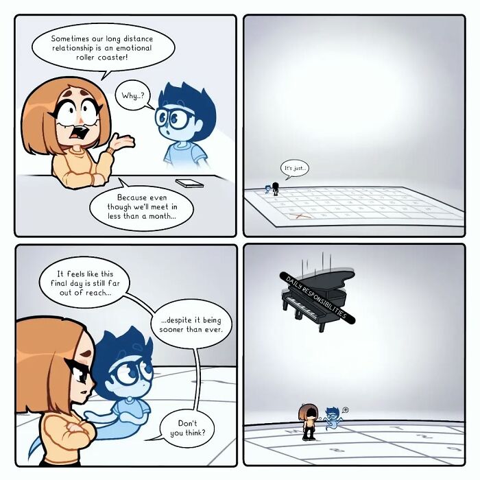 Comic series illustrating the emotional roller coaster of a long-distance relationship and the challenges of daily responsibilities.