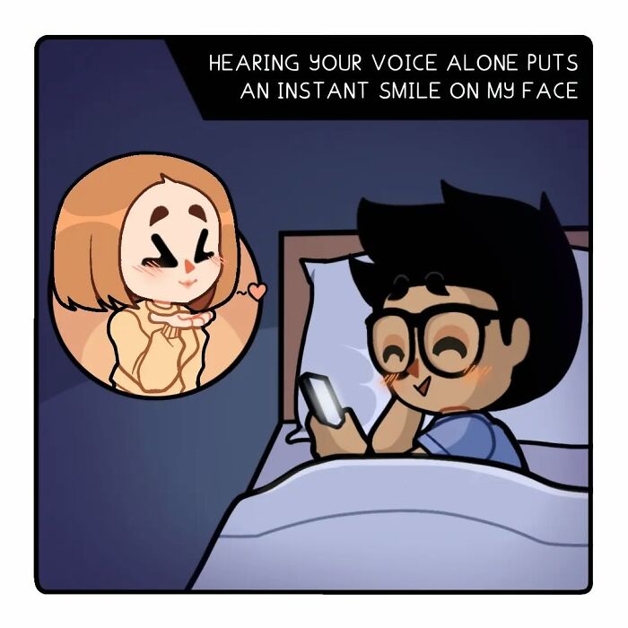 Comic illustration showing a person smiling in bed while video calling in a long-distance relationship full of emotion.