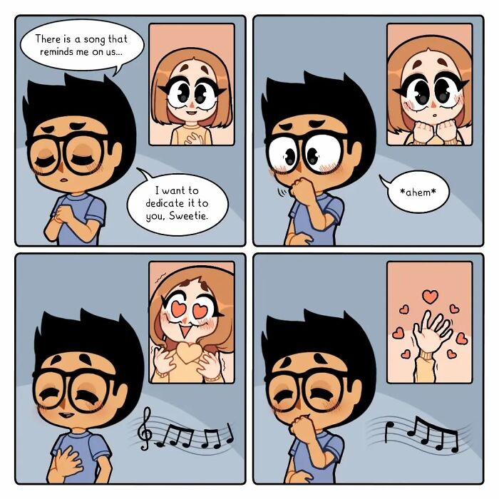 Comic series panel showing a long-distance couple sharing emotional moments through video calls and music notes.