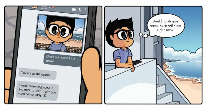 Comic series depicting a long-distance relationship with emotional scenes of video calls and longing at a beachside location.