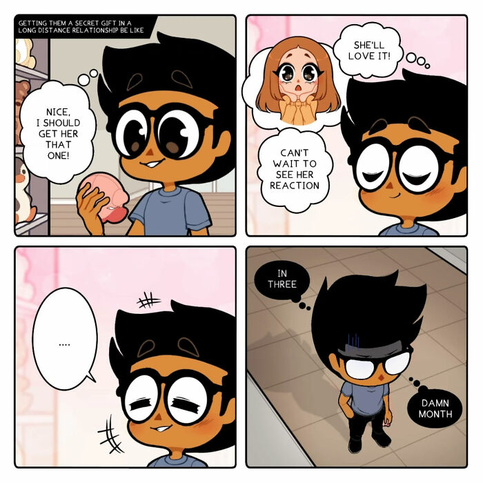 Comic series depicts a long-distance relationship with emotional moments and thoughtful gift-giving between partners.