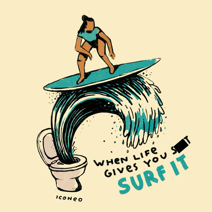 Thought-provoking illustration of a person surfing a wave coming out of a toilet, reflecting society's challenges.