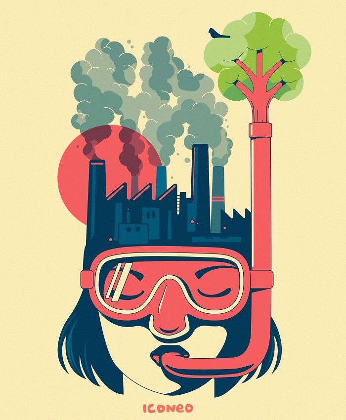 Illustration showing a person with factory smoke on their head, wearing snorkeling gear with a tree growing from the snorkel.