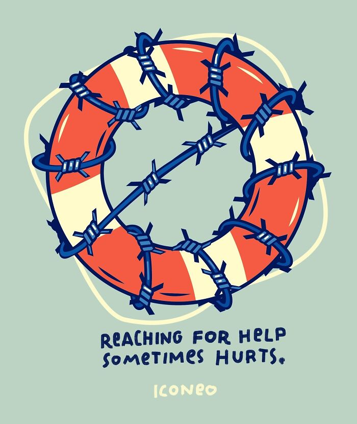 Candid illustration of a lifebuoy wrapped in barbed wire symbolizing struggles that reflect on our society.