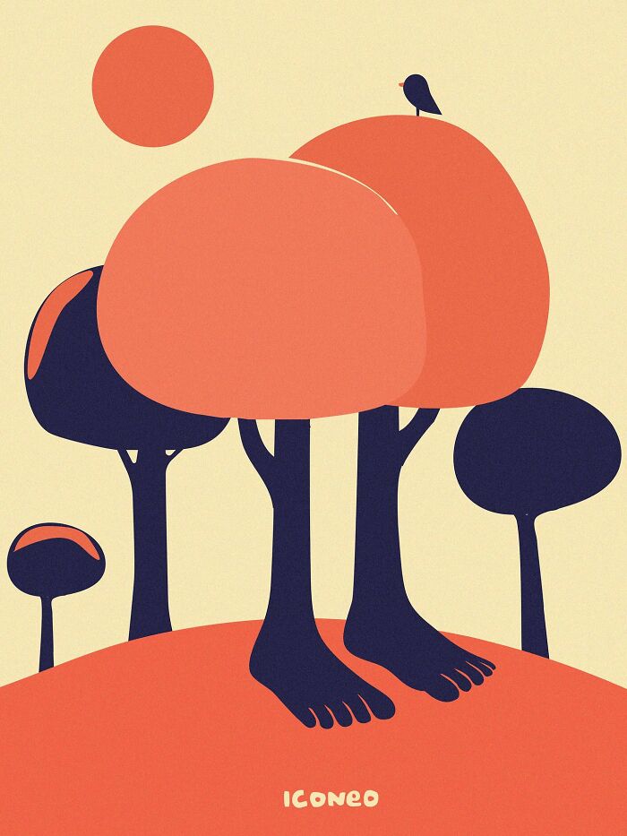 Minimalist illustration of trees with human feet and a bird, a candid artwork reflecting society by the artist.