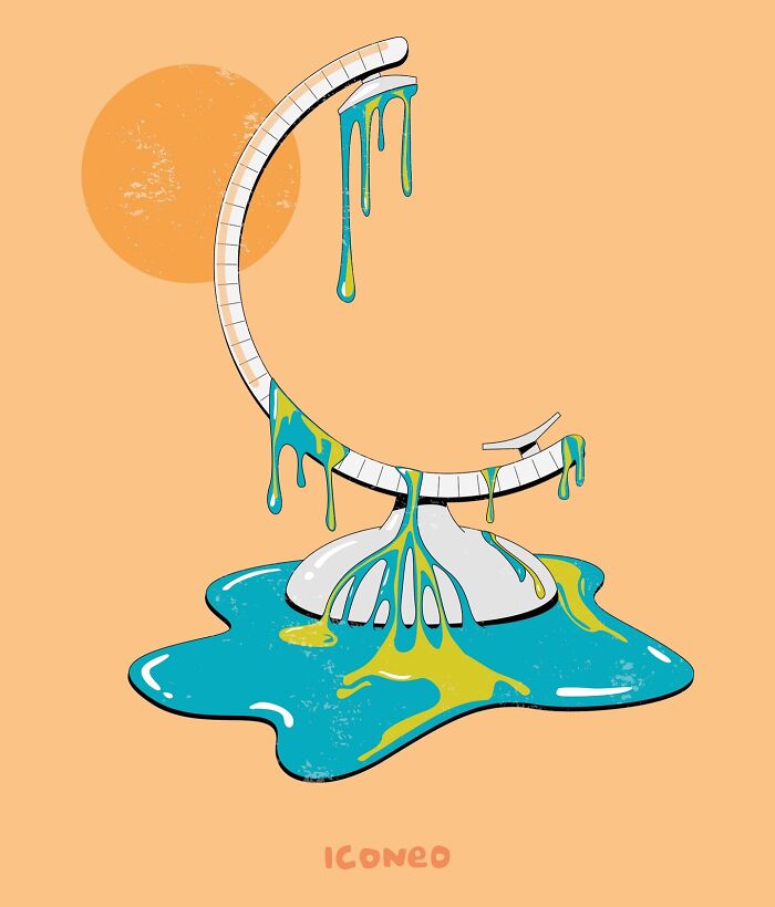 Melting globe illustration with blue and green dripping paint on a peach background, reflecting society through artist's candid illustrations.