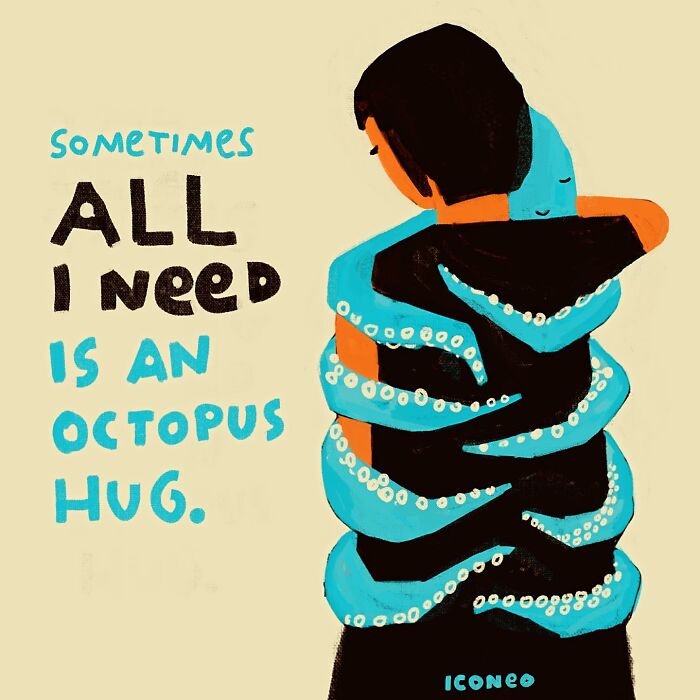 Candid illustration of a person embraced by blue octopus tentacles reflecting on society and human connection.
