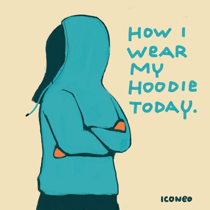 Illustration of a person with hoodie covering their face, a candid artwork reflecting on society by an artist.