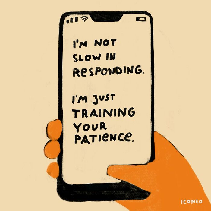 Candid illustration of a hand holding a phone with a message about patience, reflecting on society’s communication habits.