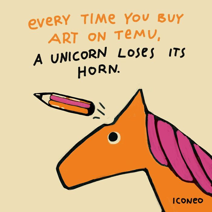 Candid illustration of a unicorn losing its horn to a flying pencil, reflecting on society through art.