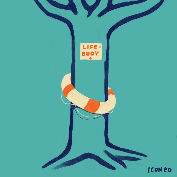Illustration by artist showing a tree with a life buoy attached, reflecting on society and its hidden support systems.
