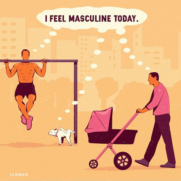 Illustration showing a man doing pull-ups and another pushing a stroller, reflecting on masculinity and society.