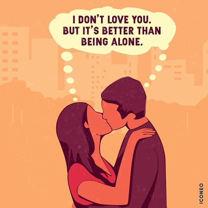 Candid illustration of a couple kissing with a thought bubble expressing complex feelings about love and society.