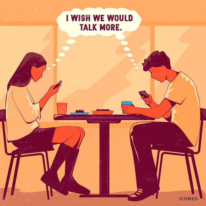 Candid illustration of two people at a table absorbed in phones, reflecting on society and lack of real conversation.