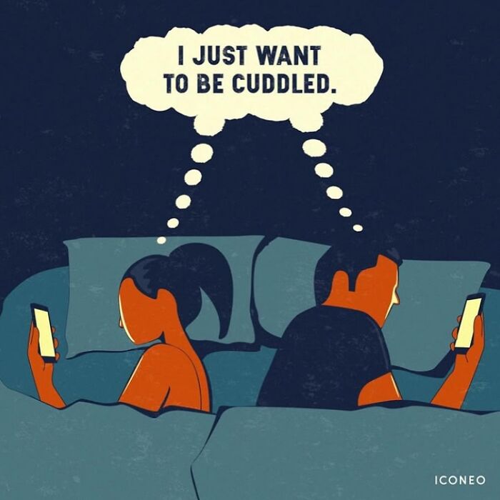 Candid illustration of a couple in bed on phones, reflecting society's emotional disconnect and longing for connection.